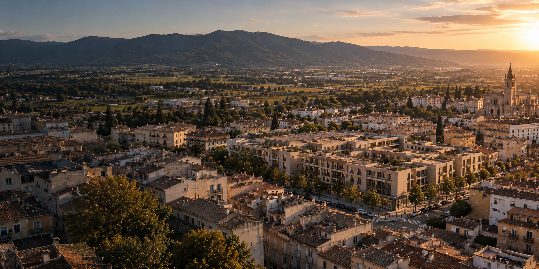 Imagen conceptual: vista aérea al atardecer de un desarrollo urbano PB+3 integrado en la trama de Vilafranca del Penedès